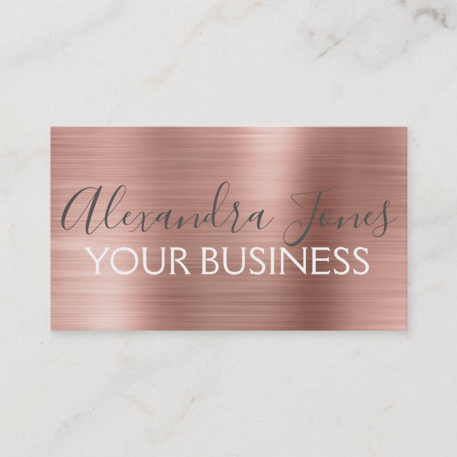 Pink & Rose Gold Brushed Metal Elegant Business Card (Front)