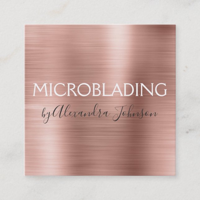 Pink & Rose Gold Brushed Metal Microblading Square Business Card (Front)