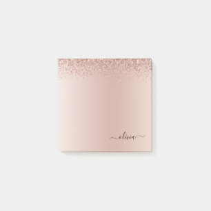 Pink Rose Gold Brushed Metal Monogram Name Post-it Notes