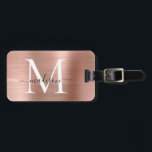 Pink Rose Gold Brushed Metal Script Monogram Cute Luggage Tag<br><div class="desc">Pink Rose Gold Brushed Metal Script Monogram Cute Bag Tag</div>