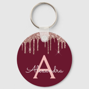 Pink Rose Gold Burgundy Glitter Monogram Keychain