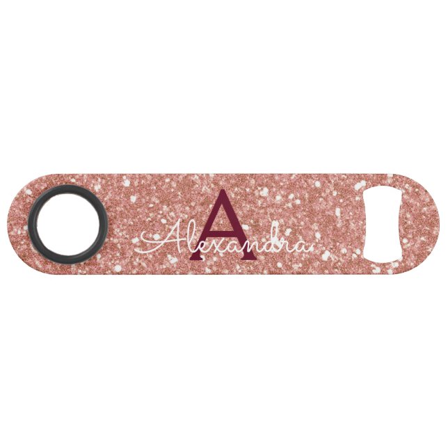 Pink Rose Gold Burgundy Glitter & Sparkle Monogram Bar Key (Front (Horizontal))