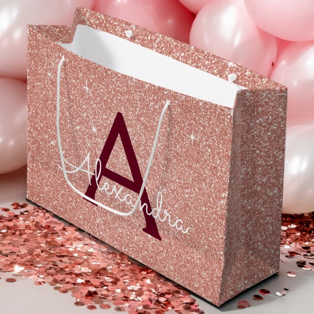Pink Rose Gold Burgundy Glitter Sparkle Monogram Large Gift Bag (Creator Uploaded)