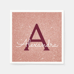 Pink Rose Gold Burgundy Glitter Sparkle Monogram Napkin