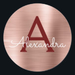 Pink - Rose Gold Burgundy Metallic Monogram Classic Round Sticker<br><div class="desc">Blush Pink - Rose Gold and Burgundy Faux Girly Metallic Stainless Steel Foil Elegant Sticker. This sticker can be customized to include your initial and first name for a gift package.</div>