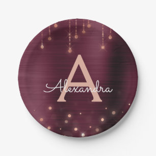 Pink Rose Gold Burgundy Sparkle Monogram Birthday Paper Plate