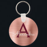 Pink Rose Gold Burgundy Stainless Steel Monogram Keychain<br><div class="desc">Pink Rose Gold and Burgundy Marsala Faux Stainless Steel Metallic Elegant Keychain. These Keychains can be customized to include your initial and first name. These key chains make great birthday,  bridal shower or bachelorette party favours.</div>