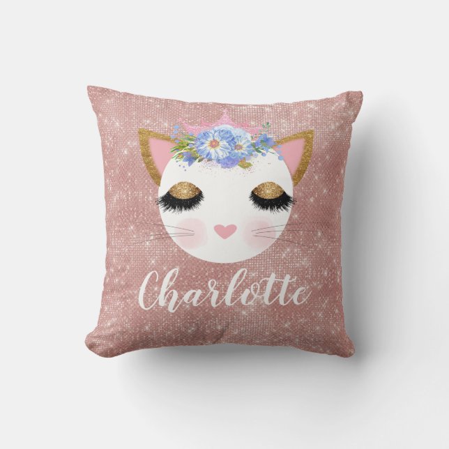 Pink rose gold cat princess personalized throw pillow (Front)