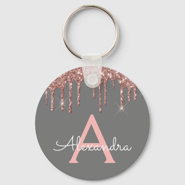 Pink Rose Gold Charcoal Grey Glitter Monogram Keychain (Front)