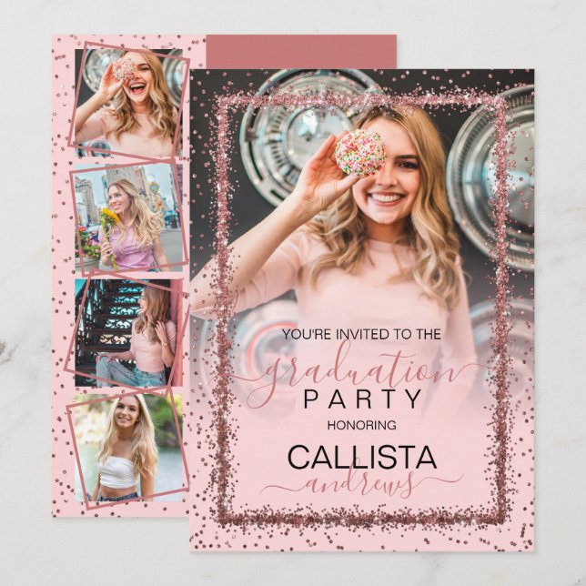 Pink Rose Gold Confetti Border Photo Graduation Invitation (Front/Back)