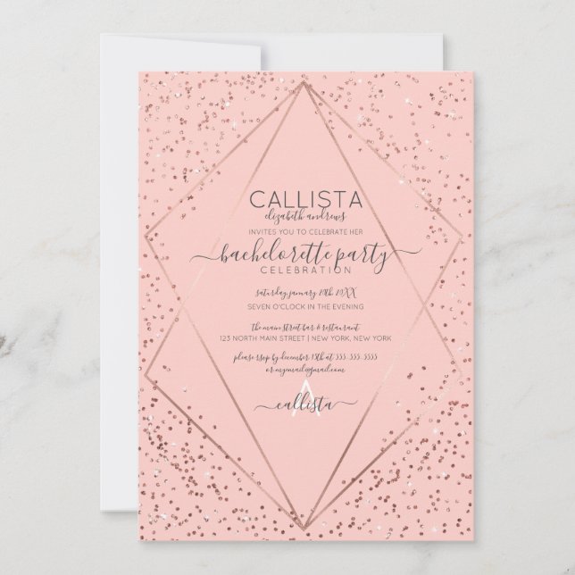 Pink Rose Gold Confetti Terrarium Bachelorette Invitation (Front)