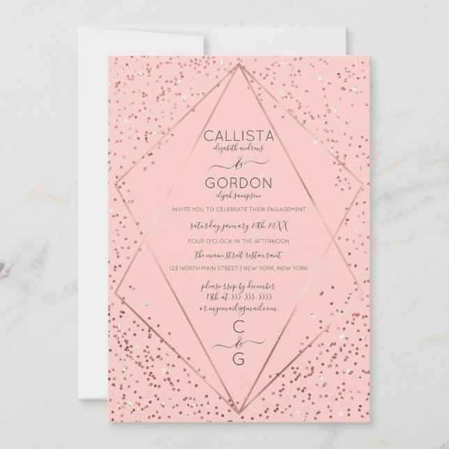 Pink Rose Gold Confetti Terrarium Engagement Invitation (Front)
