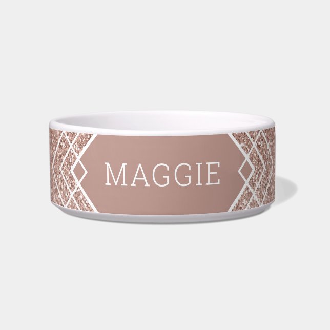 Pink Rose Gold Copper Glitter Boho Pattern Pet Bowl (Front)