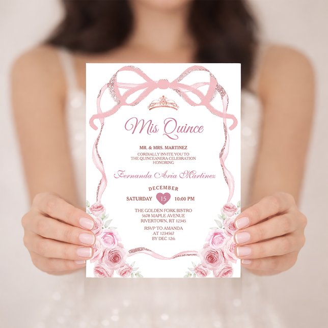 Pink Rose Gold Crown Floral Bow Ribbon Mis Quince Invitation (Creator Uploaded)