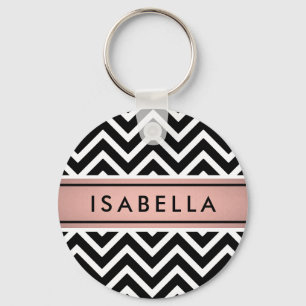 Pink Rose Gold Faux Foil Black White Chevron Name Keychain