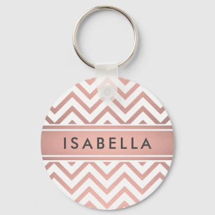 Pink Rose Gold Faux Foil Chevron Modern Girly Chic Keychain