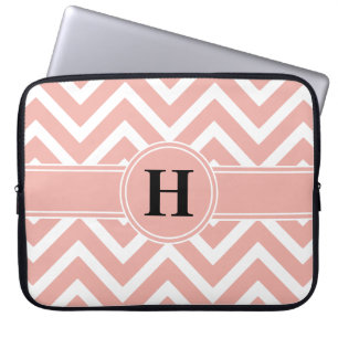 Pink Rose Gold Faux Foil White Chevron Monogram Laptop Sleeve
