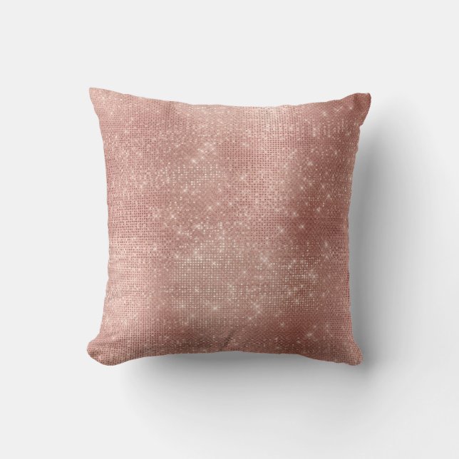 Pink Rose Gold Faux Powder Diamond Sequin Metal Throw Pillow (Front)