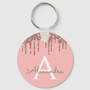Pink Rose Gold Faux Sparkly Glitter Monogram Keychain