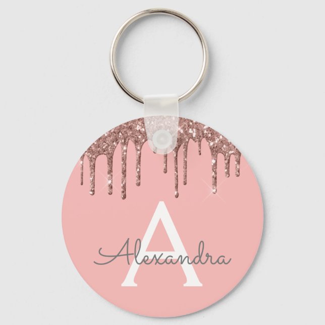 Pink Rose Gold Faux Sparkly Glitter Monogram Keychain (Front)