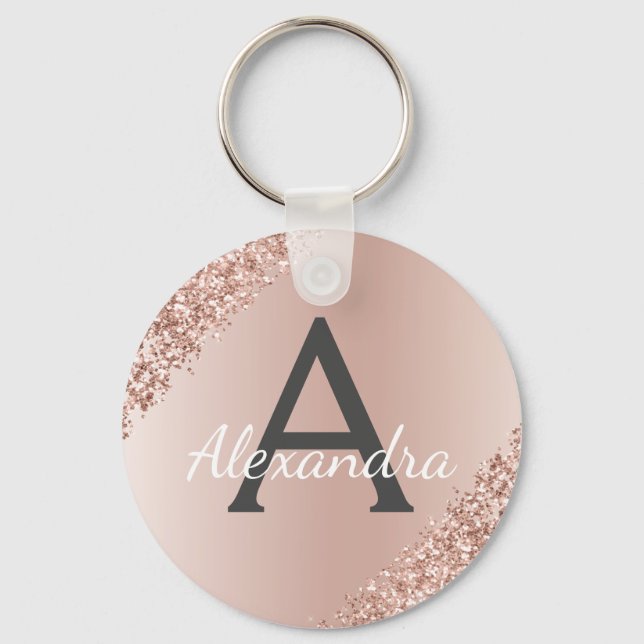 Pink Rose Gold Faux Stainless Steel Monogram Keychain (Front)