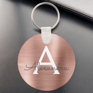 Pink Rose Gold Faux Stainless Steel Monogram Keychain