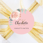 Pink rose gold floral eucalyptus thank you classic round sticker<br><div class="desc">A stylish pink background. Decorated with green watercolored rose gold and blush pink floral,  rose,  eucalyptus leaves,  sprigs,  greenery,  faux gold leaves.  Personalize and add your first name,  monogram initials and full name. Perfect for birthday favours,  a bridal shower or baby shower.</div>