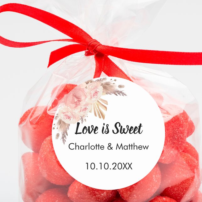 Pink rose gold floral pampas wedding Love is Sweet Classic Round Sticker (Creator Uploaded)