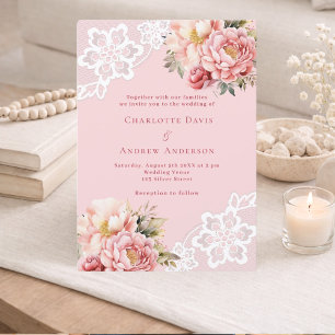 Pink rose gold florals white lace wedding invitation