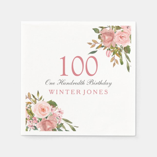 Pink Rose Gold Flowers 10th Birthday Party Napkins (Front)