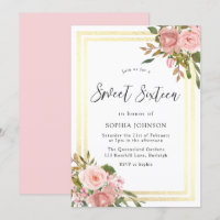 Pink Rose Gold Flowers Gold Border Sweet Sixteen
