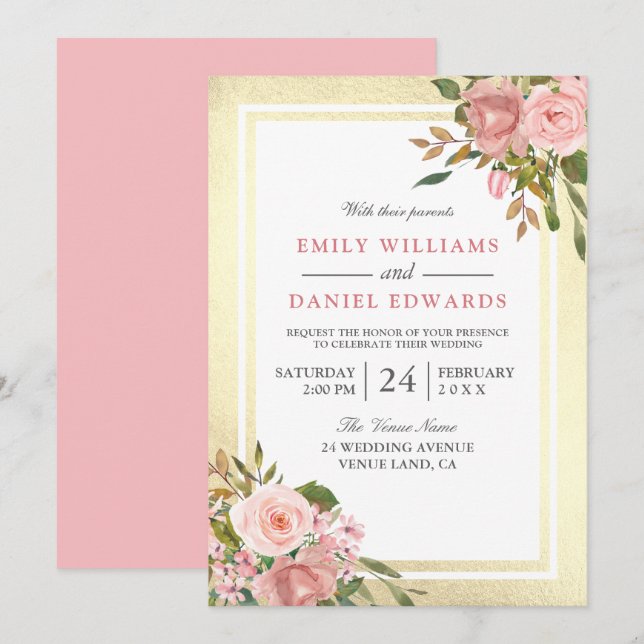 Pink Rose Gold Flowers Golden Border Wedding Invitation (Front/Back)