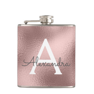Pink Rose Gold Foil and Sparkle Monogram Hip Flask