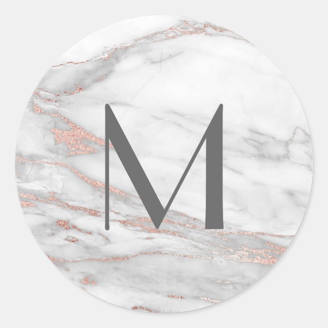 PINK ROSE Gold FOIL Marble Monogram Letter Initial Classic Round Sticker (Front)