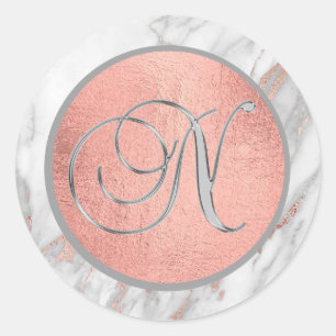 PINK ROSE Gold FOIL Marble Monogram LETTER 'N' Classic Round Sticker