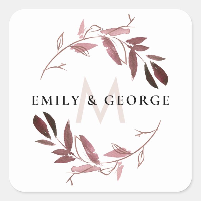 PINK ROSE GOLD FOLIAGE MONOGRAM WREATH WEDDING SQUARE STICKER (Front)