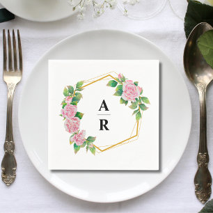 Pink Rose Gold Geometric Frame Wedding Monogram  Napkin