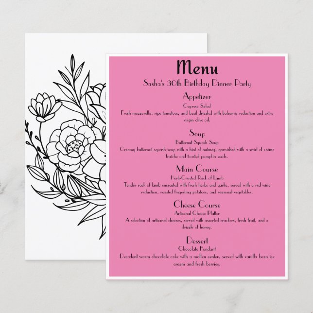 Pink-Rose Gold Glam Party Menu (Front/Back)