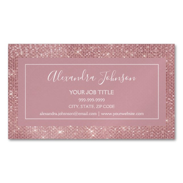 Pink Rose Gold Glam Sparkle Modern and Elegant Magnetic Business Card (Front)
