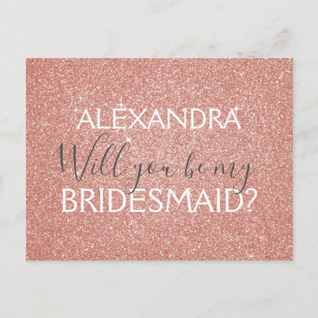 Pink Rose Gold Glitter and Sparkle Bridesmaid Invitation Postcard (Front)