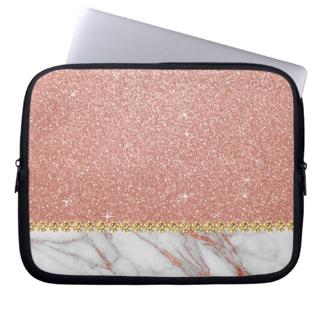 Pink Rose Gold Glitter and Sparkle Marble Laptop Sleeve (Front)