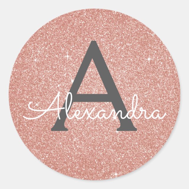 Pink Rose Gold Glitter and Sparkle Monogram Classic Round Sticker (Front)