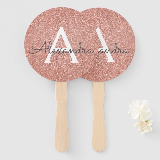 Pink Rose Gold Glitter and Sparkle Monogram Hand Fan (Front and Back)