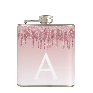 Pink Rose Gold Glitter and Sparkle Monogram Hip Flask
