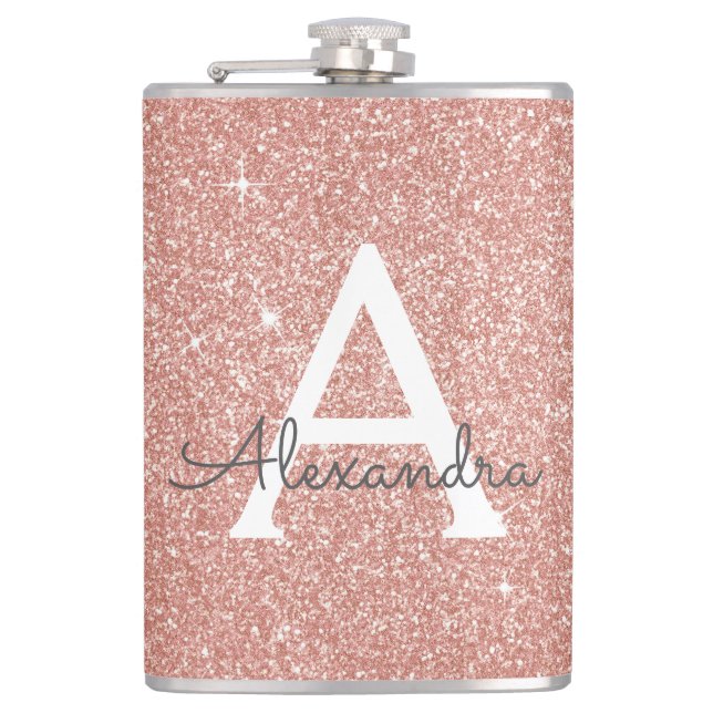 Pink Rose Gold Glitter and Sparkle Monogram Hip Flask (Front)