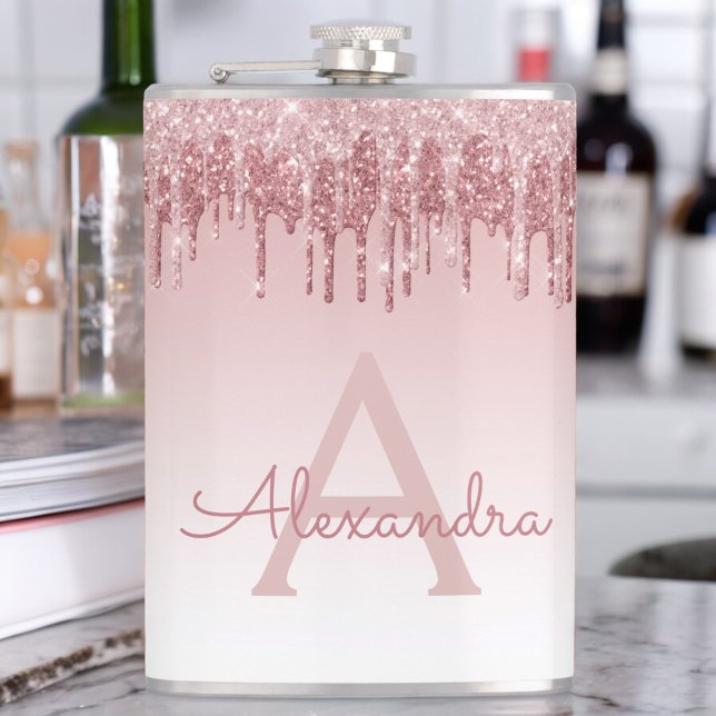 Pink Rose Gold Glitter and Sparkle Monogram Hip Flask (Creator Uploaded)