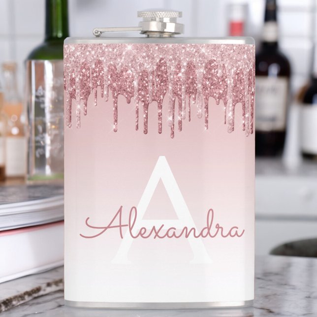 Pink Rose Gold Glitter and Sparkle Monogram Hip Flask (Creator Uploaded)