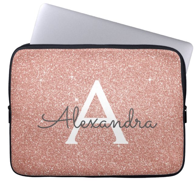 Pink Rose Gold Glitter and Sparkle Monogram Laptop Sleeve (Front)