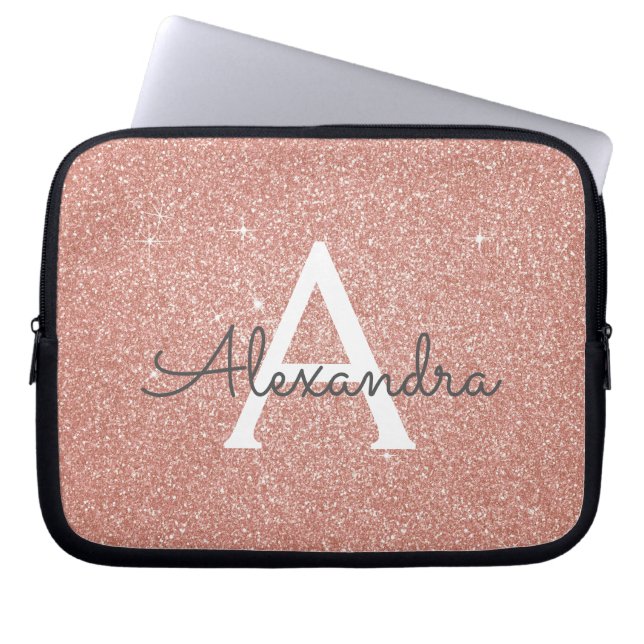 Pink Rose Gold Glitter and Sparkle Monogram Laptop Sleeve (Front)