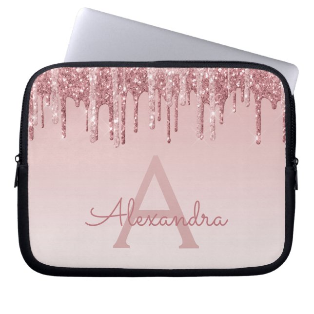 Pink Rose Gold Glitter and Sparkle Monogram Laptop Sleeve (Front)